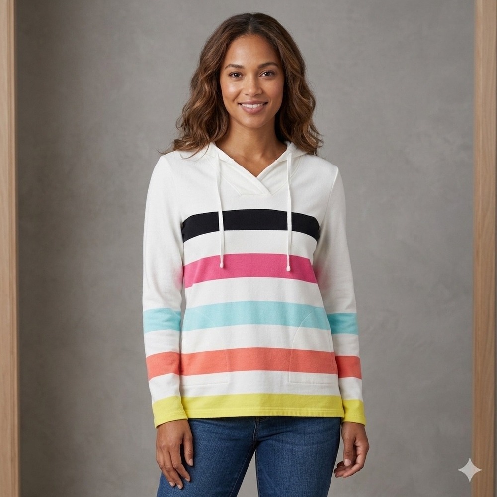 Talbots Womens Size Medium Petites Striped Hoodie Sweatshirt Pima Cotton Modal